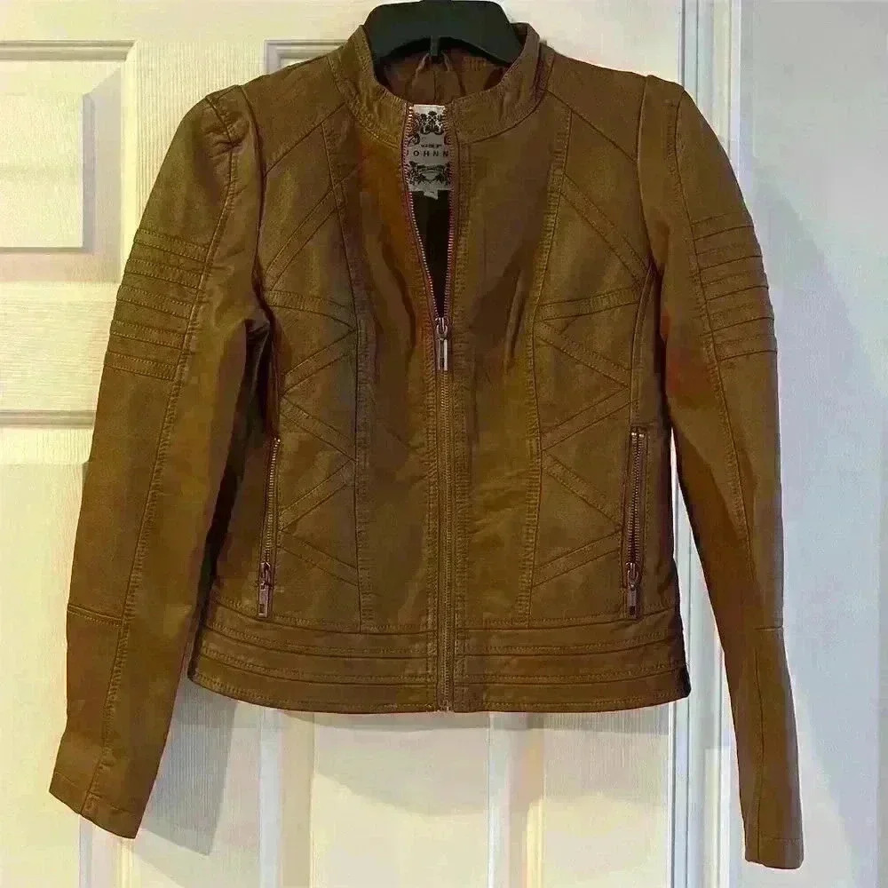Made by Johnny Women's XS Brown Faux Leather Moto Biker Jacket